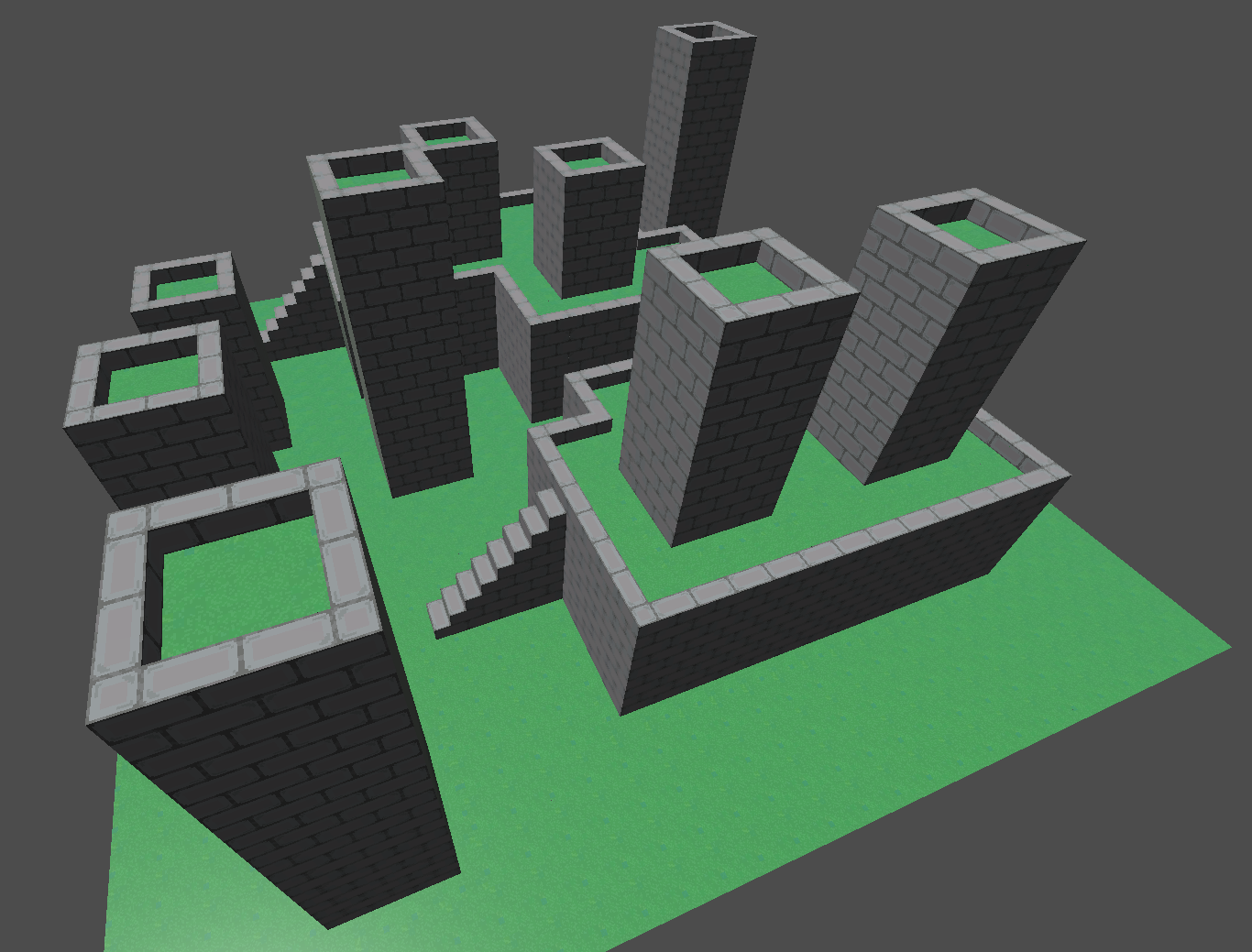 An image showing a gridmap generated by the new WFC algorithm, comprising of multiple towers and staircases.